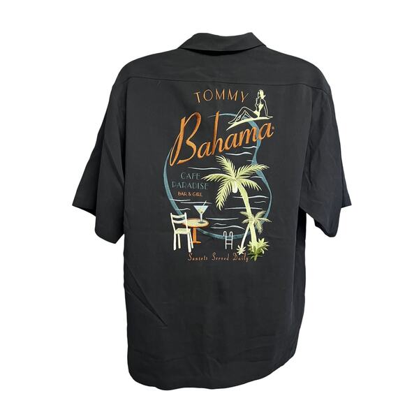 Tommy Bahama Black Embroider Vintage Hawaiian Button Up Silk Shirt M Pocket - Picture 1 of 8